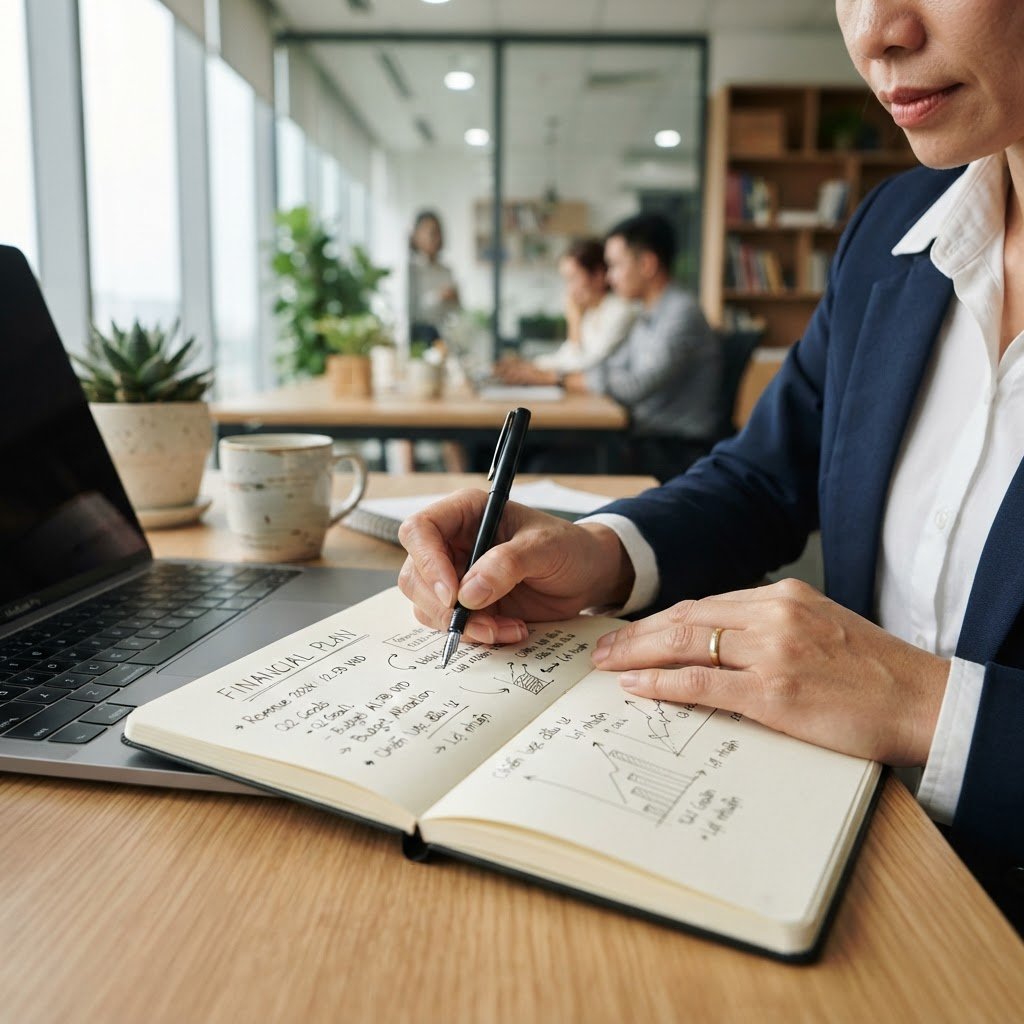 Professional photo of a Vietnamese office worker's hands writing financial plans in a notebook on a modern desk, soft natural daylight, corporate navy and clean white tones, shallow depth of field, 35mm lens