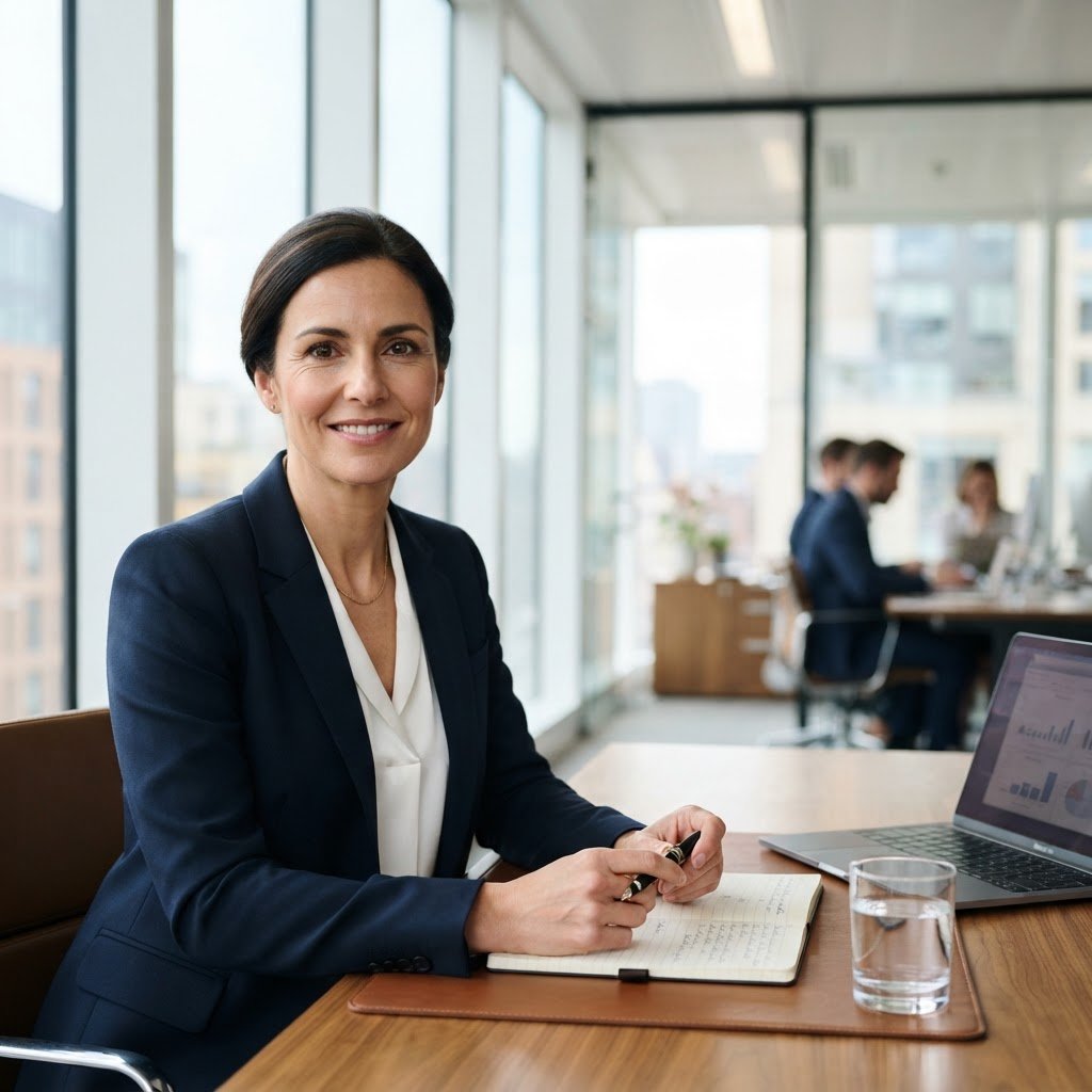 Professional portrait of a calm, trustworthy financial expert in a modern, bright office, corporate navy and clean white tones, shallow depth of field, 35mm lens, positioned on the left side of a wide frame.