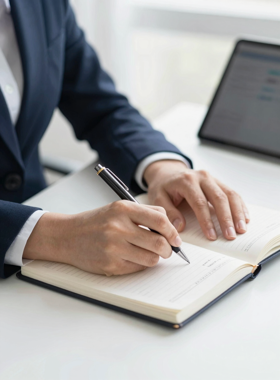 Close-up of hands writing financial plans on a notebook with a pen, a tablet visible in the background, in a modern, bright office. Soft natural daylight, corporate navy and clean white tones, shallow depth of field, 35mm lens.